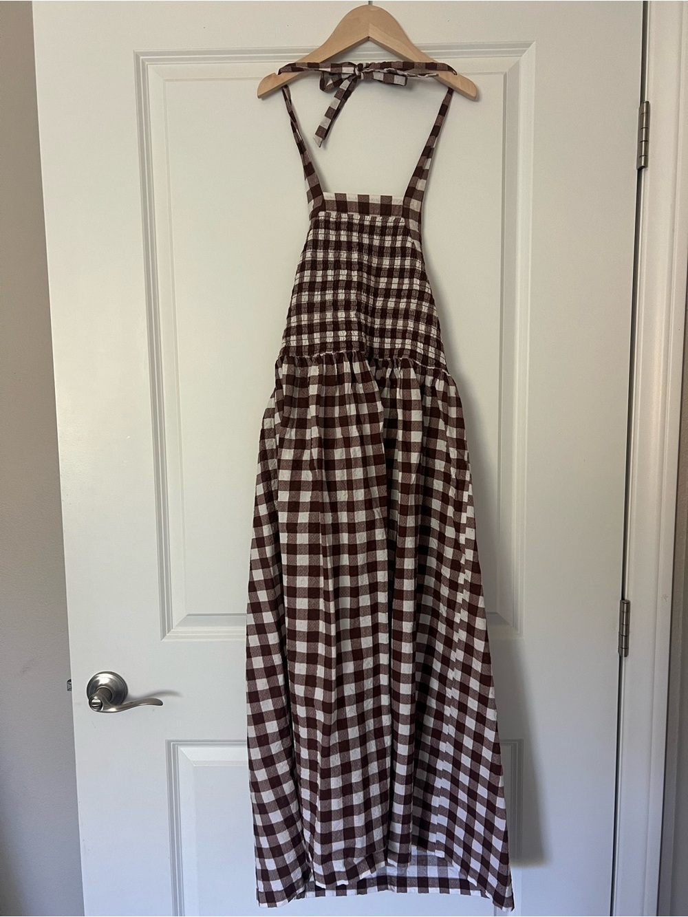 COLLUSION shirred halterneck gingham midi sundress & scrunchie in brown